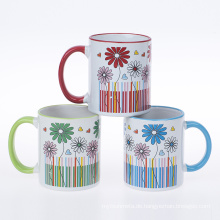 China -Lieferant 11oz Bunte Sublimation Becher Rand und farbenfrohe Keramik -Kaffeetasse bewältigen